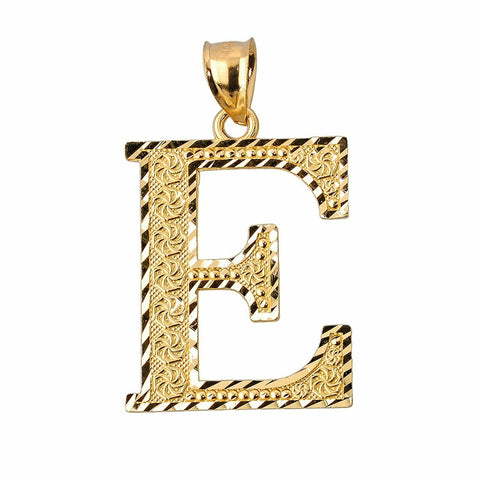 Solid 10K Yellow Gold Diamond-cut Initial Letter E Pendant Necklace