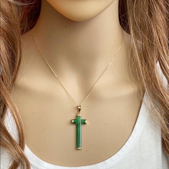 14K Solid Real Yellow Gold Cross Jade Charm Pendant - P35