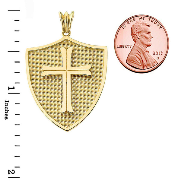 10k or 14k Solid Gold Crusader Shield Cross Pendant Charm Necklace