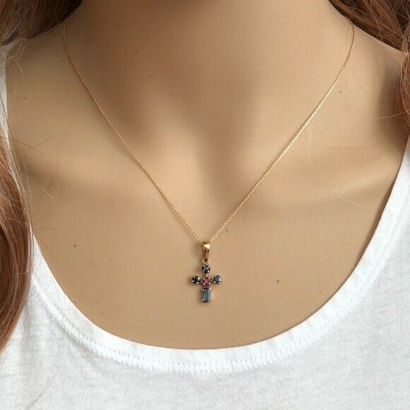 14K Solid Gold Mini Sapphire Cross Pendant /Charm Dainty Necklace - Minimalist