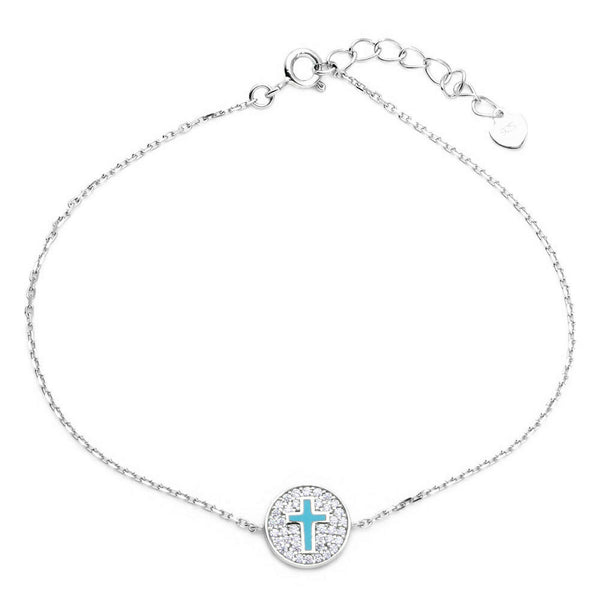 925 Sterling Silver CZ Encrusted Cross Disc Bracelet