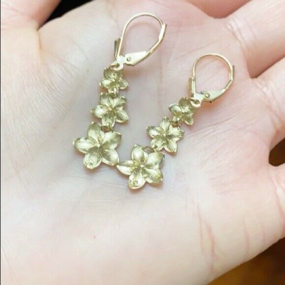 14k Solid Real Yellow Gold Elegant Plumeria Flower Leverback Earrings