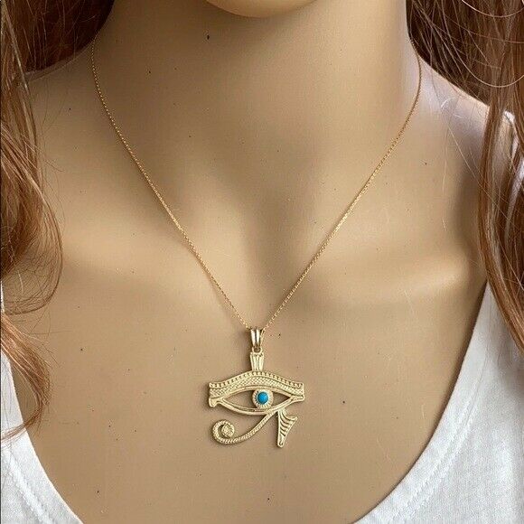 14k Yellow Gold Egyptian Protect Eye of Horus Turquoise Stone Pendant Necklace