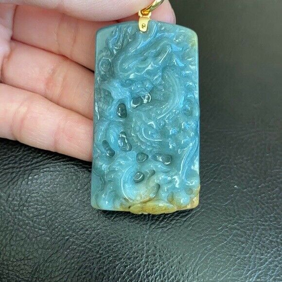 14K Solid Yellow Gold Carved Dragon Natural Jade Pendant Rectangle Men