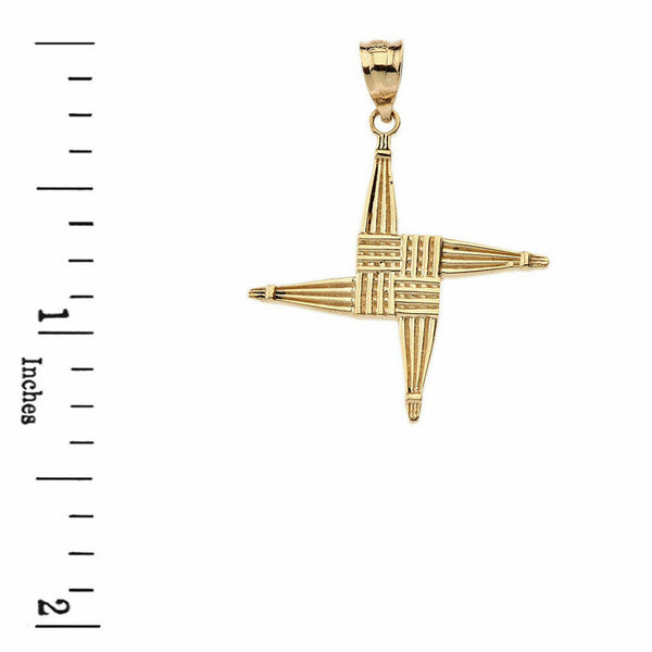 14k Solid Yellow Gold Irish St. Brigid's Christian Wall Cross Pendant Necklace
