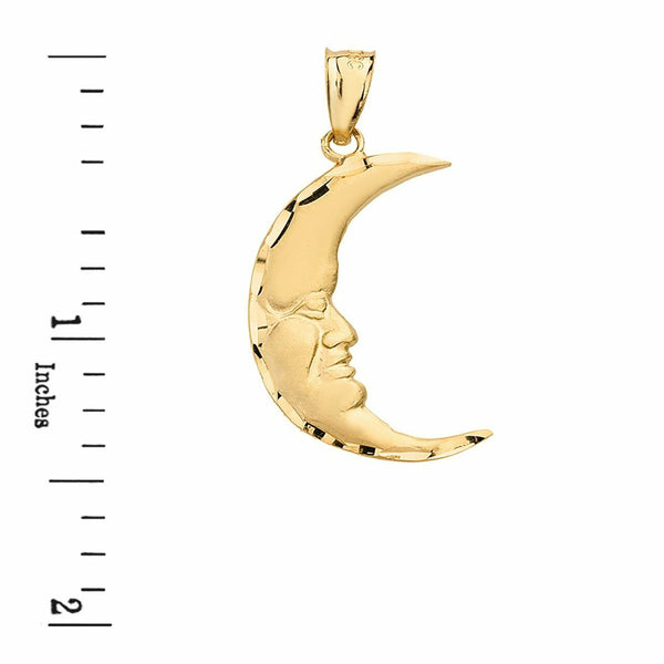 10k Solid Real Yellow Gold Diamond-cut Crescent Moon Face Pendant Necklace