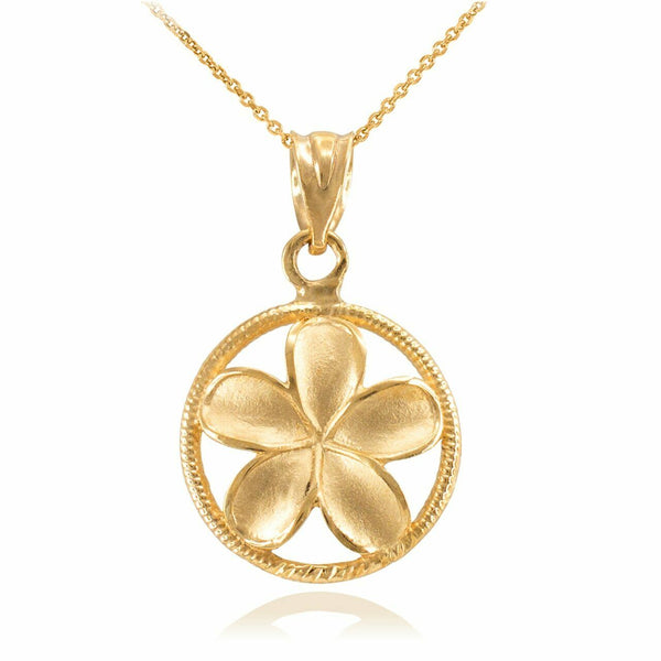 10K Yellow Gold Rope Circle Hawaiian Plumeria Frangipani Flower Pendant Necklace