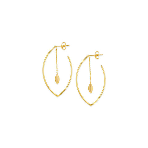 14K Solid Yellow Gold Open Marquise Shape Hoop Dangle Bead Post Earrings -
