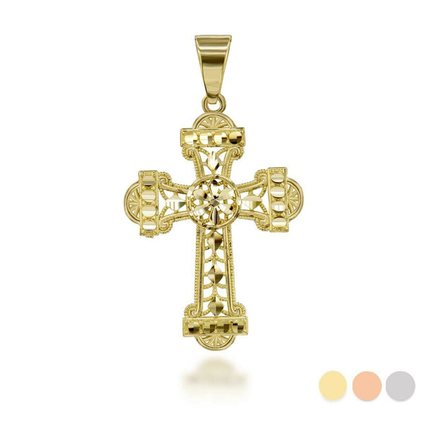 10K Solid Gold Sparkle Cut Filigree Ornate Cross Pendant Necklace