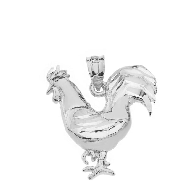 925 Sterling Silver Sparkle Cut Rooster Diamond Cut Pendant Necklace