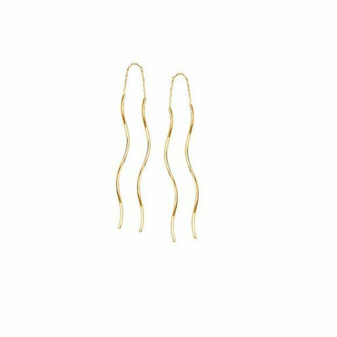 14K Solid Yellow Gold Small Wavy Tube Chain Dangle Drop Threader Earrings