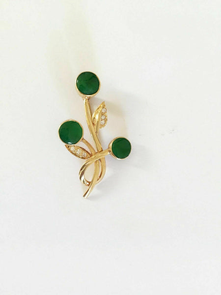 14K Solid Yellow Gold Round Green Jade Brooch Pin