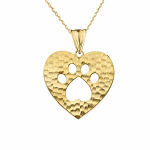 Solid 14k Yellow Gold Cut- Out Paw Print In Heart Pendant Necklace