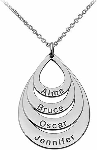 Personalized Engrave 4 Name Teardrop Silver Pendant Necklace
