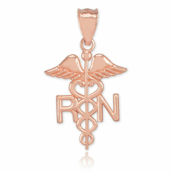 14K Rose Gold Caduceus Medical RN Registered Nurse Herald Staff Pendant Necklace