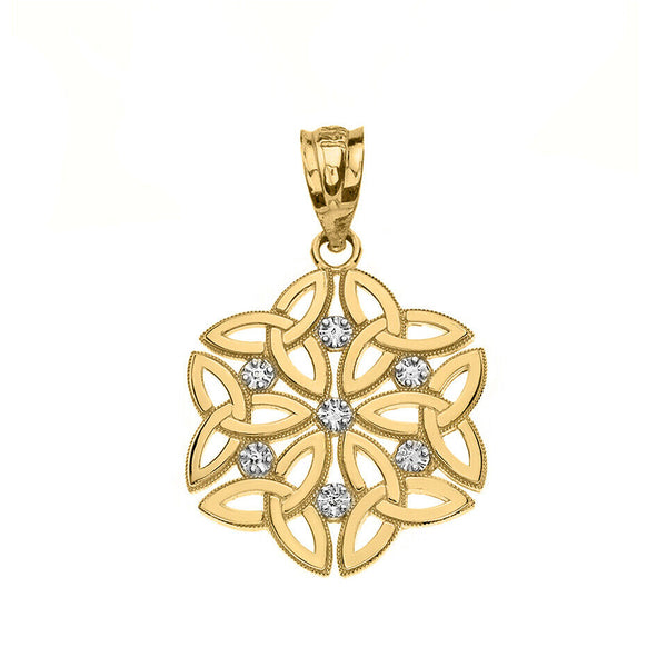 14K Solid Gold Triquetra Celtic Dara Endless Knot Diamond Pendant Necklace