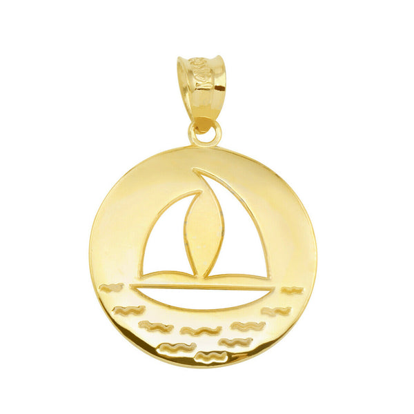 10k Solid Gold Nautical Ocean Waves Sailboat Silhouette Pendant Necklace