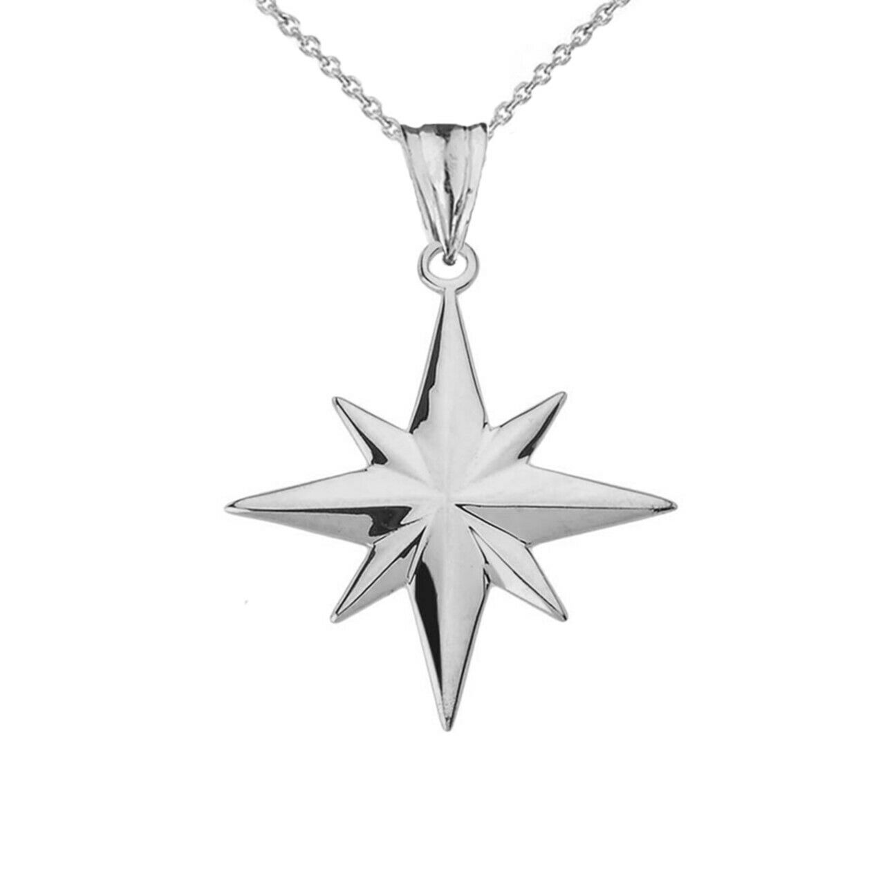 10K Solid White Gold North Star Pendant Charm Necklace 16" 18" 20" 22"