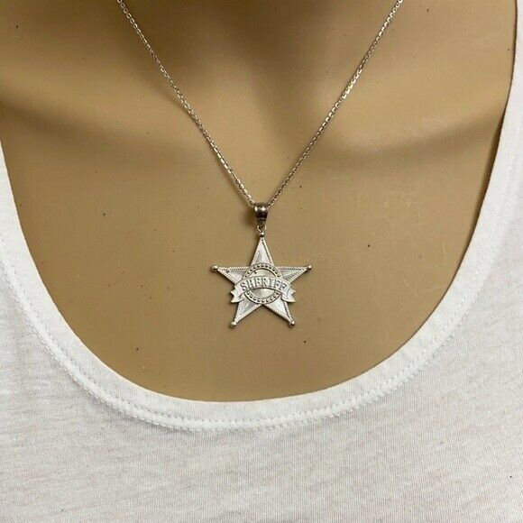 925 Sterling Silver Star Sheriff Badge Public Safety Textured Pendant Necklace