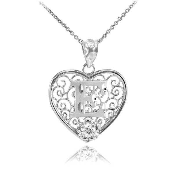 925 Sterling Silver Filigree Heart CZ Initial Letter E Pendant Necklace
