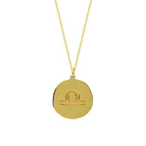 14K Solid Yellow Gold Organic Disk Engraved Libra Zodiac Pendant Necklace