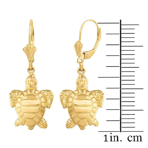 14K Yellow Gold Detailed Sea Turtle Leverback Earring Set