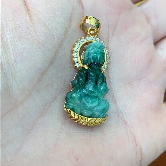 14K Real Gold Natural Jadeite Jade Guanyin Kwan Yin Female Buddha Pendant