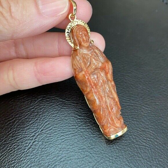 14K Solid Gold The Blessed Virgin Mary Prayer Carved Natural Red Jade Pendant