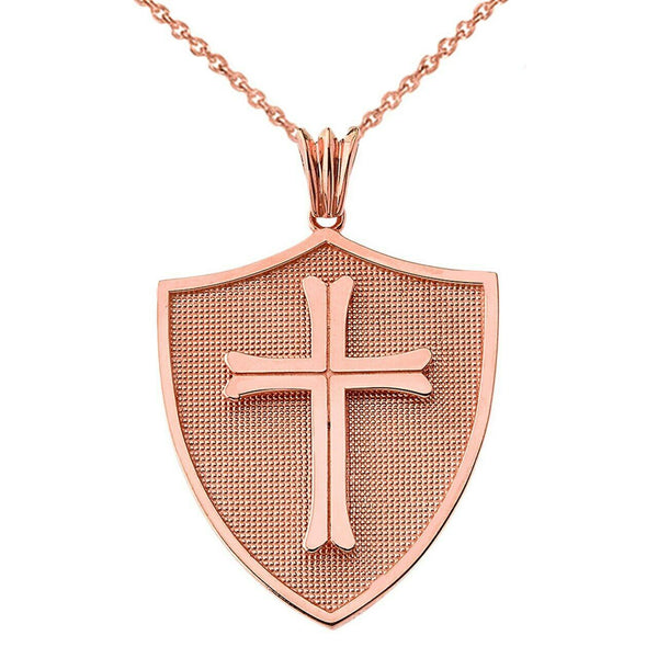 10k or 14k Solid Gold Crusader Shield Cross Pendant Charm Necklace