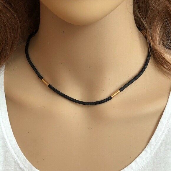14K Solid Gold Black Cord String Chain Necklace 16", 18" !4K Gold Clasp W. 3mm