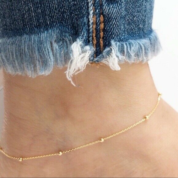 14K Solid Rose Gold Bead Station Cable Chain Anklet - Yellow 9"-10" adjustable