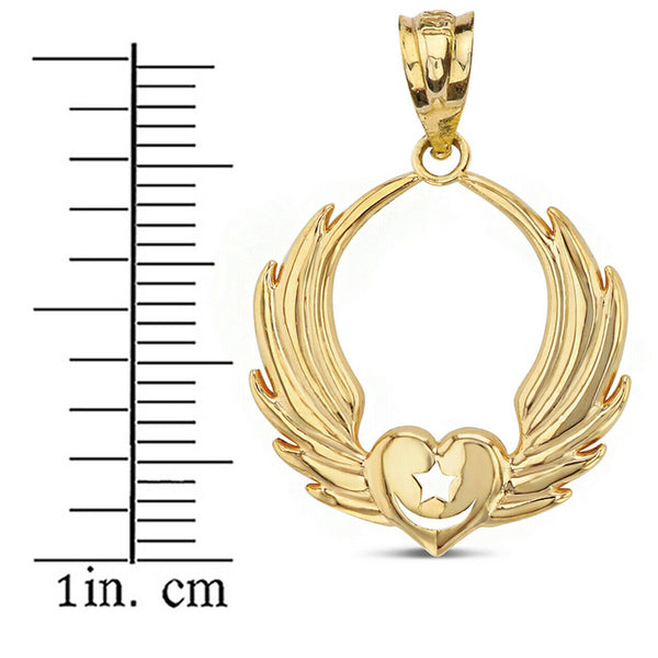 10k Solid Gold Winged Heart with Star Crescent Islam Sufi Order Pendant Necklace