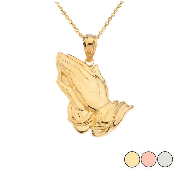14k Solid Gold Praying hands Pendant Necklace (Yellow, Rose, White Gold)