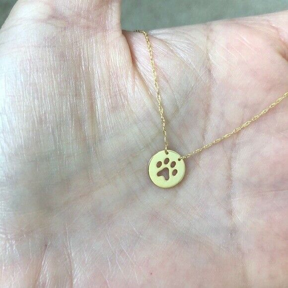 14K Solid Gold Mini Disk Disc Paw Print Dainty Necklace - Minimalist 16"-18"