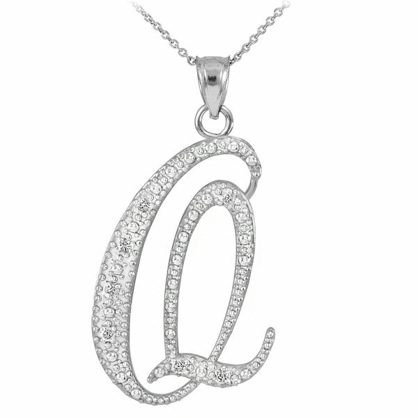 Personalized 925 Sterling Silver CZ Initial Script Letter Q Pendant Necklace