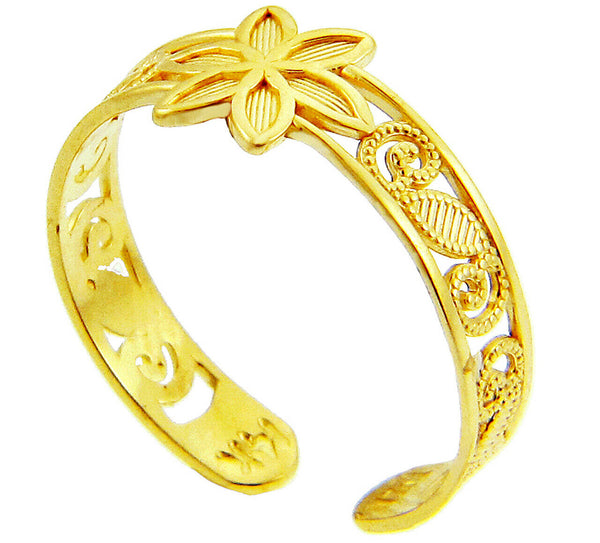 Floral Wave Real Toe Ring 10K or 14K Solid Yellow Gold or White Gold Adjustable