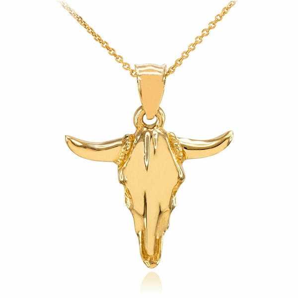 14k Solid Yellow Gold Taurus Texas Bull Head Charm Pendant Necklace