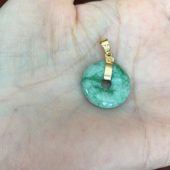 14K Solid Gold Donut Round Natural Jade Pendant /Charm Dainty Adjust Necklace