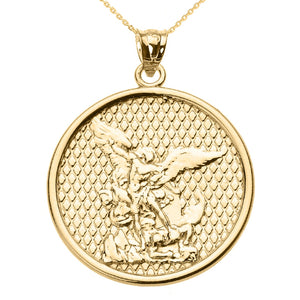 14K Solid Yellow Gold St. Saint Michael The Archangel Pendant Necklace