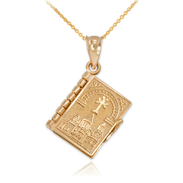 10k Solid Yellow Gold 3D Armenian Holy Bible Book Lords Prayer Pendant Necklace