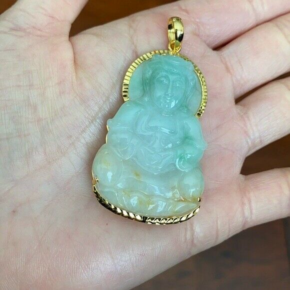 14K Solid Real Gold Natural Jadeite Jade A Kwan Yin Lady Buddha Pendant