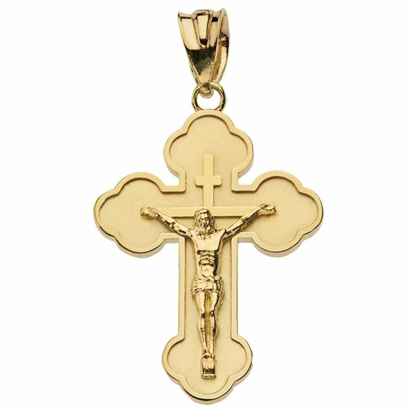 Solid Gold 10K Double Sided Eastern Orthodox Russian Crucifix S Pendant Necklace