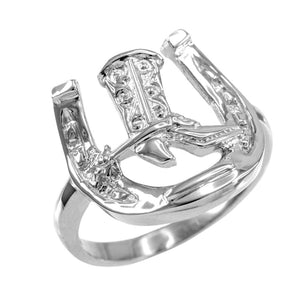 925 Sterling Silver Horseshoe with Cowboy Boot Men's Ring Any Size