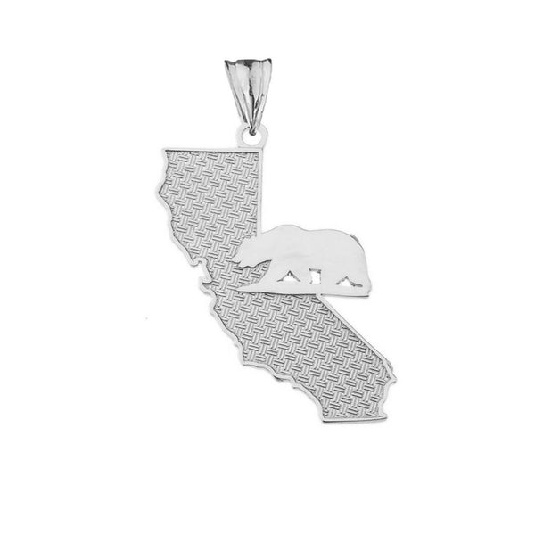 925 Sterling Silver California State Map With Bear Silhouette Pendant Necklace