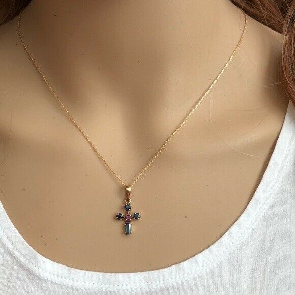 14K Solid Gold Mini Sapphire Cross Pendant /Charm Dainty Necklace - Minimalist