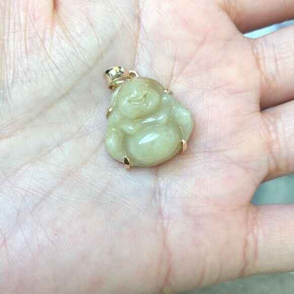 Small 18K Solid Gold Happy Laughing Buddha Yellow Jade Religious Pendant -654