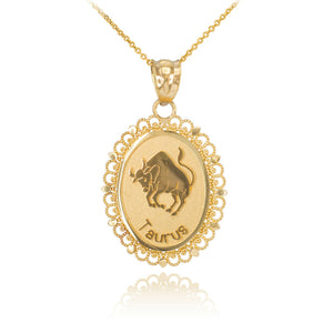 10k Solid Gold Taurus Zodiac Sign Filigree Oval Pendant Necklace