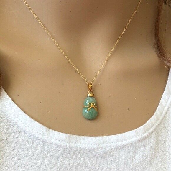 14K Solid Gold Natural Real Jade Gourd Bottle Bow Pendant Necklace -Minimalist