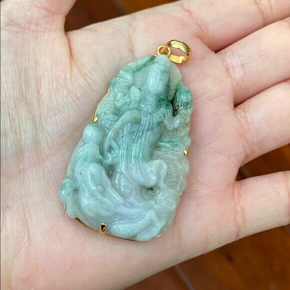 14K Solid Real Gold Natural Jadeite Jade Lotus Kwan Yin Lady Buddha Pendant 703