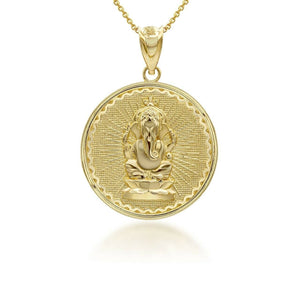 10K Solid Gold Lord Ganesha Hindu Coin Pendant Necklace -Yellow, Rose, or White